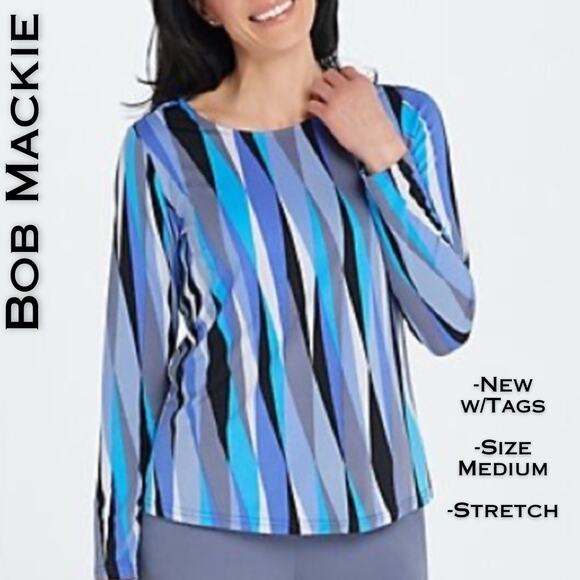 NEW Bob Mackie Technicolor Long Sleeve Stretch Top Medium Blue Gray Diamond - Picture 1 of 11